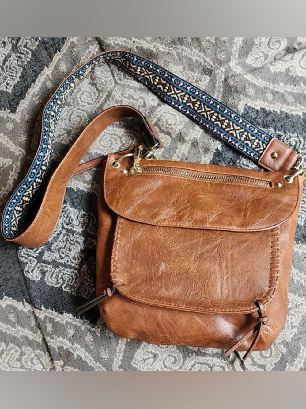 Steve Madden Tan Leather Crossbody with Woven Navy Strap